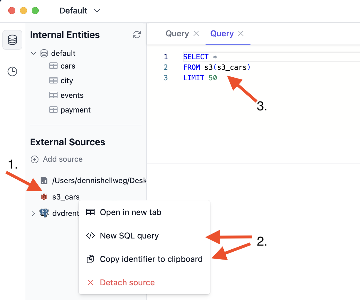 Attach source - S3 example query