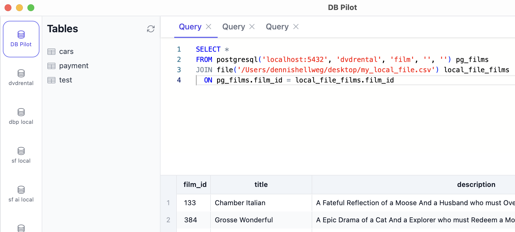 Join PostgreSQL and local file data