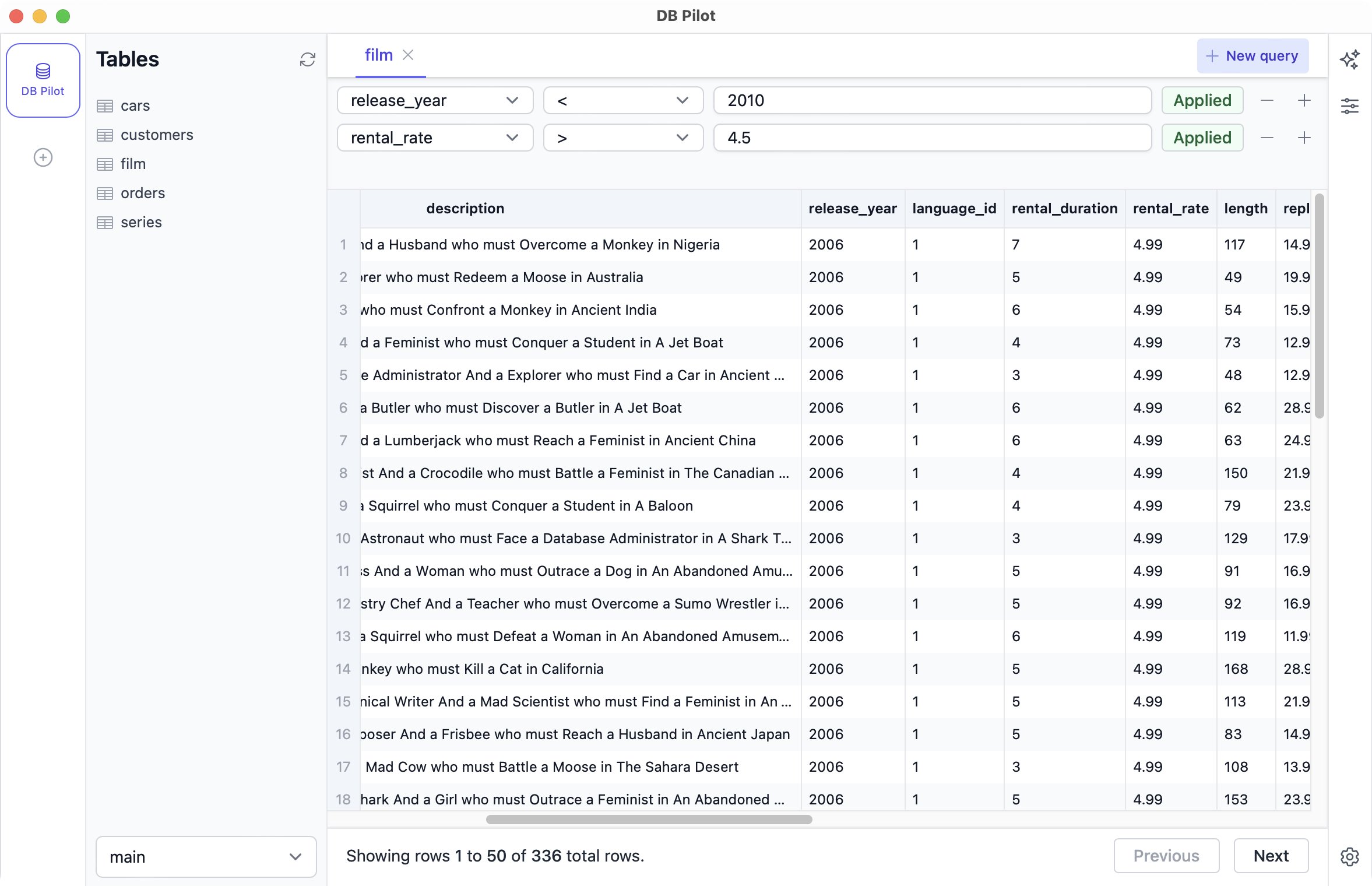 Table filters screenshot